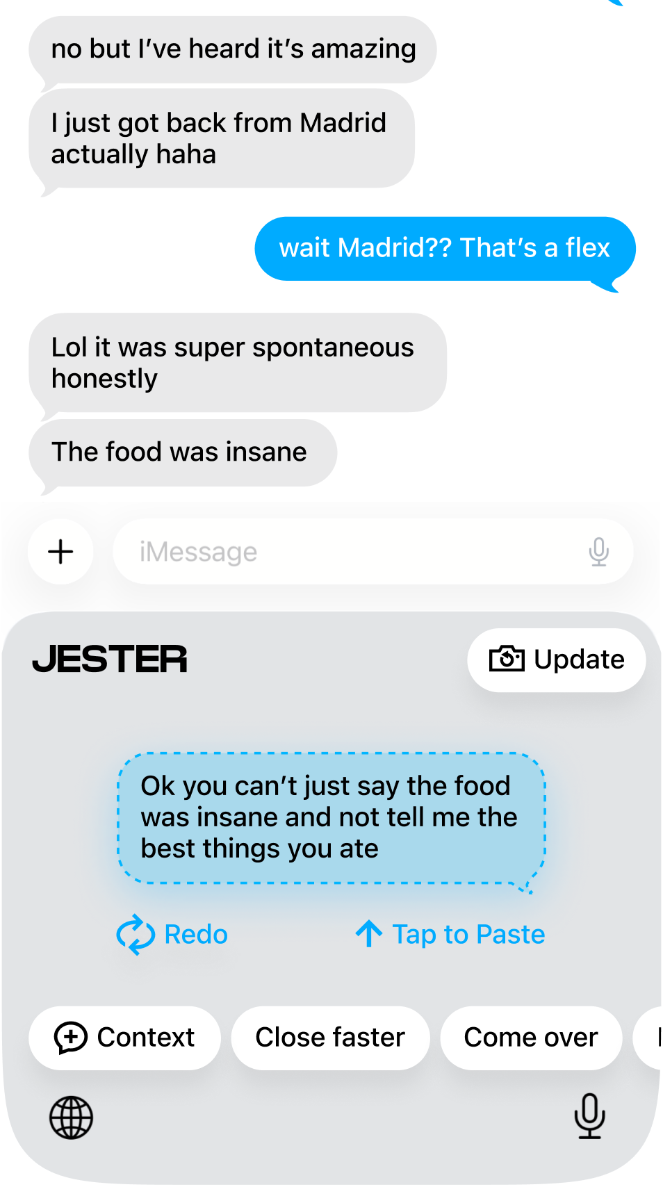 Jester keyboard suggesting a reply in iMessage